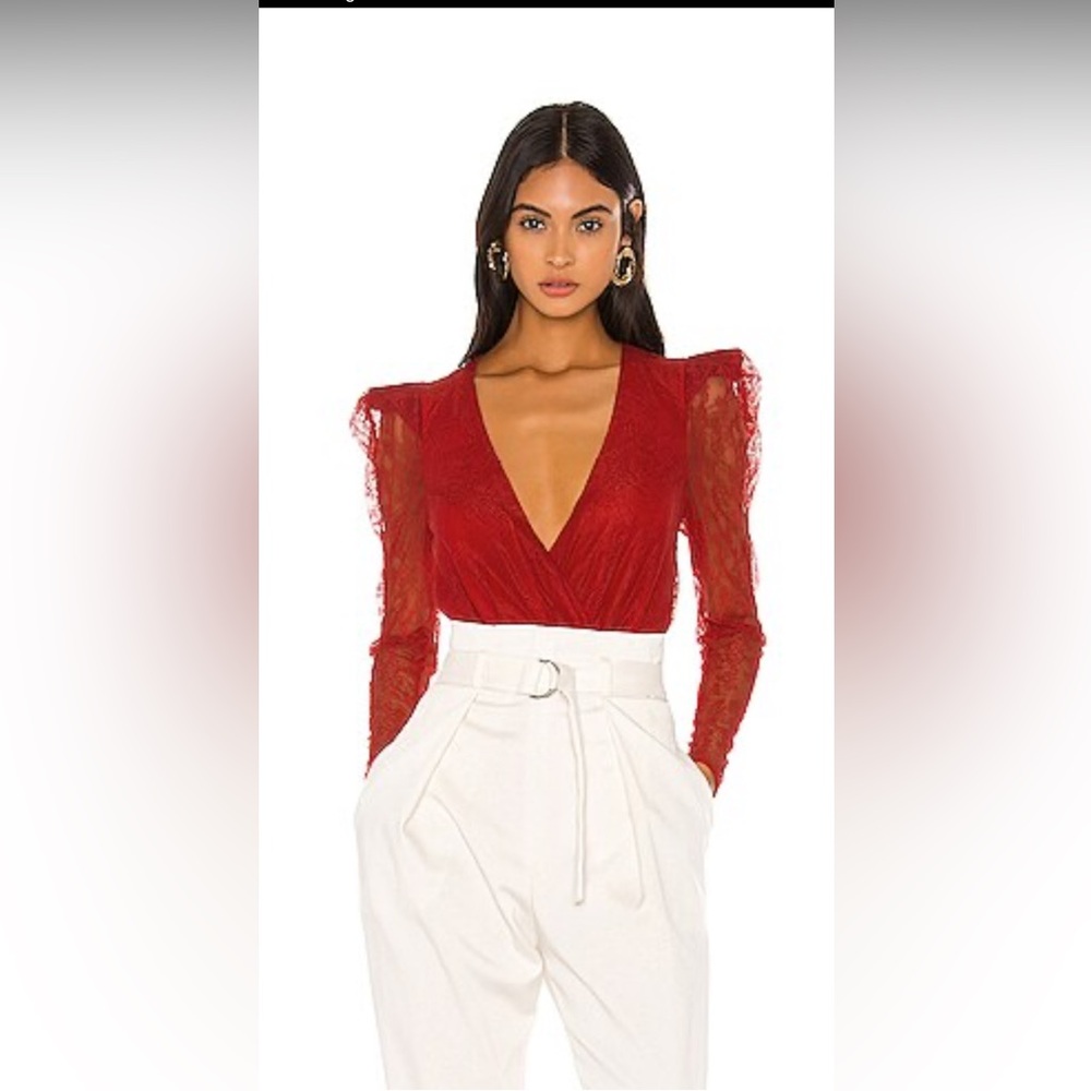 Camila Coelho Nanine Red Lace Bodysuit Large